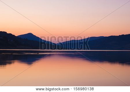 Artificial dam of Campotosto at the sunrise