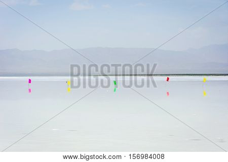 Chaqia (chakayan) Salt Lake With Flags, Qinghai, China