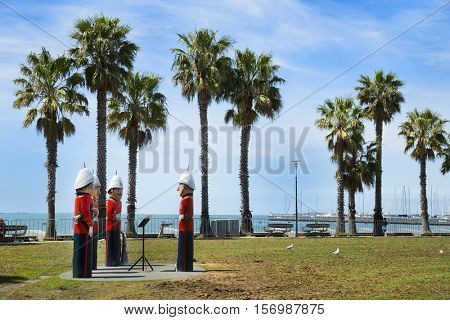 GEELONG, AUSTRALIA - OCTOBER 23, 2016:  Some of the 104 different bollards in Geelong along the baywalk.  All made by Jan Mitchell and represent a chronicle of the city's past.
