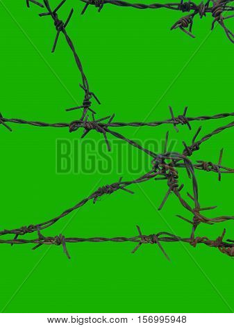 rusty old barbed wire on clean green background