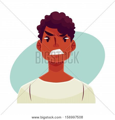 Young african man face, angry facial expression, cartoon vector illustrations isolated on blue background. Handsome boy frowns, feeling distresses, frustrated, sullen, upset. Angry face expression