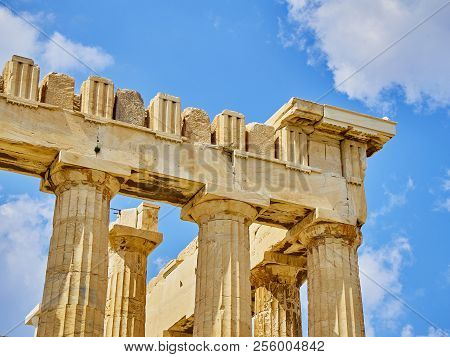Entablature Detail Of The Southern Side Of The Parthenon, The Ancient Temple Honoring To The Goddess