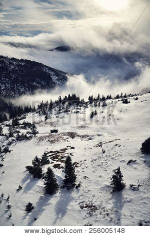 Sunbeams Passing Through Clouds, Winter Landscape, Elbe Valley, Freezing Weather