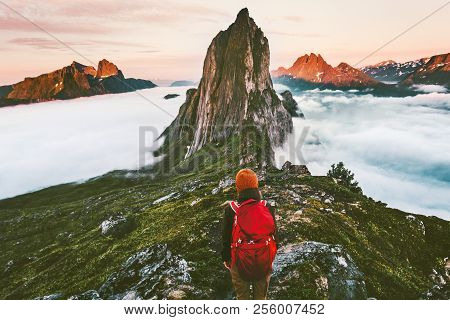Traveler Enjoying Sunset Segla Mountain  Hiking Adventure Outdoor In Norway Active Vacations Traveli