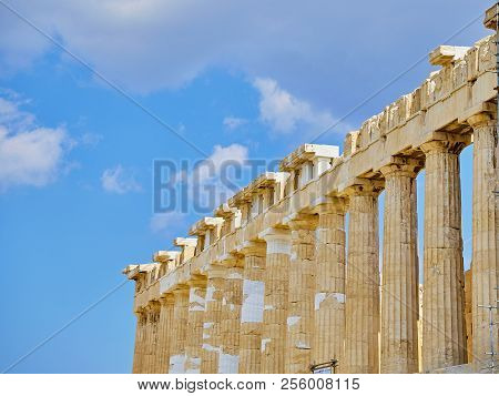 Entablature Detail Of The Southern Side Of The Parthenon, The Ancient Temple Honoring To The Goddess