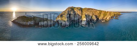 Aerial View Of The Beautiful Cliffs Close To The Historic South Stack Lighthouse On Anglesey - Wales
