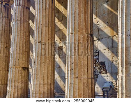 Doric Columns Detail Of The Temple Of Hephaestus. Ancient Greek Place Of Worship Located At The Nort