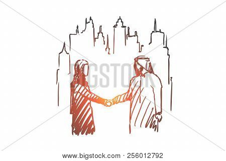 Businessman, Agreement, Outsourcing, Muslim, Companion Concept. Hand Drawn Muslim Man And Woman Shak