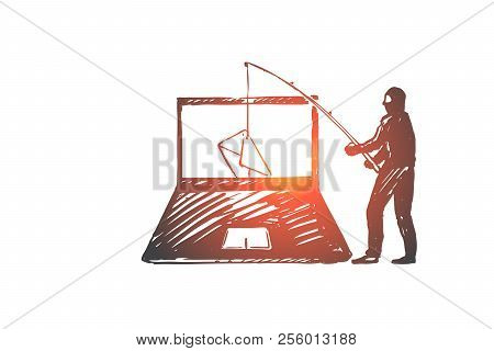 Dlp, Espionage, Virus, Penetration, Dangers Concept. Hand Drawn Hacker Breaks Mail On The Computer C