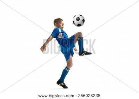 Young Boy With Soccer Ball Doing Flying Kick, Isolated On White. Football Soccer Players In Motion O