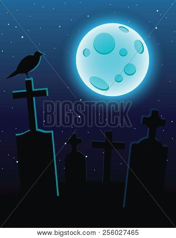 Vector Colorful Illustration Of A Cemetery With Moonlight Over A Dark Blue Sky. Graves With Crosses 