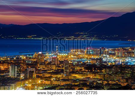 Genoa (genova), Italy, March  10, 2017 - Aerial View Of The City Of Genoa (genova) At Dusk.