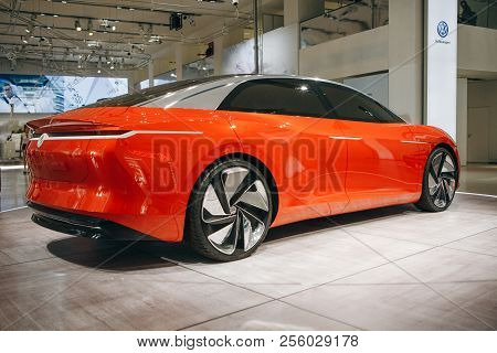 Berlin, August 29, 2018: The New Volkswagen I.d Vizzion Concept Sedan Electric Car Presented At The 