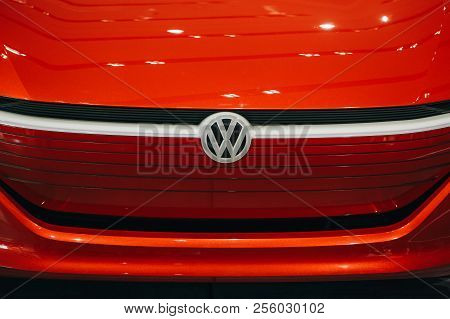 Berlin, August 29, 2018: A Close-up Of The Sign On The New Volkswagen I.d Vizzion Concept Sedan Elec