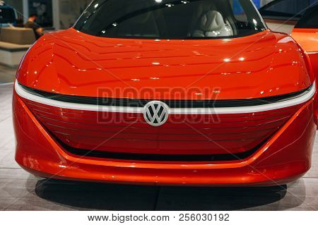Berlin, August 29, 2018: A Close-up Of The Sign On The New Volkswagen I.d Vizzion Concept Sedan Elec