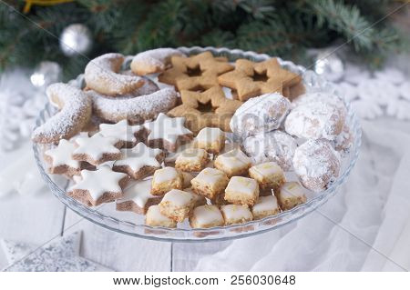 Festive Cookies Assorted Vanilla Crescents, Cinnamon Stars, Gingerbreads And Cubes And Stollen On A 