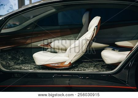 Berlin, August 29, 2018: Interior Of The New Volkswagen I.d Vizzion Concept Sedan Electric Car Prese