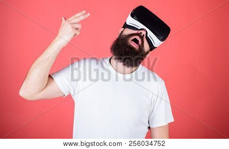 Suicide Shot Game. Man Hand Gesture As Gun Play Shooter Game In Vr Glasses. Man Bearded Hipster With