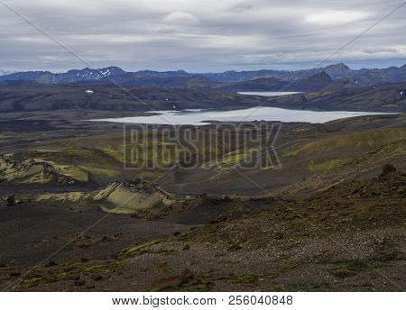 Colorful Wide Panorama, Panoramic View On Volcanic Landscape In Lakagigar, Laki Volcano Crater Chain