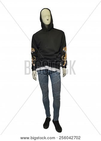 Full-length Man Mannequin Dressed In Lightweight Hoodie With Kanga Pocket, Isolated. No Brand Names 