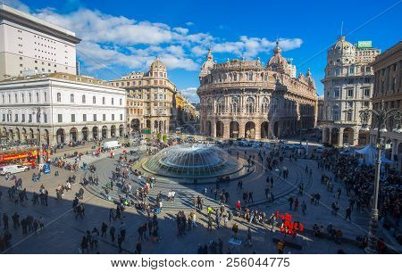 Genoa (genova), Italy, March 26, 2017 - Panoramic View Of De Ferrari Square  In Genoa, The Heart Of 