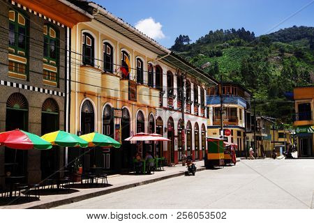 PIJAO, COLOMBIA - AUGUST 14, 2018: Street scene in Pijao, wellknown village in Colombia for coffee culture, South America 