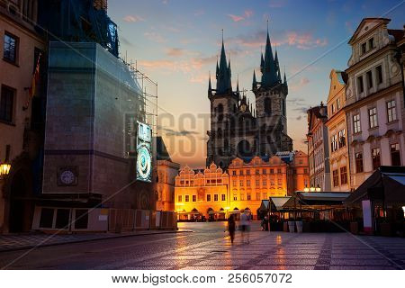 View On Prague Chimes And Tynsky Temple At Sunrise