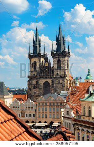 View On Magestic Tynsky Cathedral And Red Tile Roofs Of Prague From Above