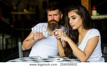 Morning Coffee Tradition. Couple Enjoy Hot Espresso. Couple Drink Black Espresso Coffee In Cafe. Hav