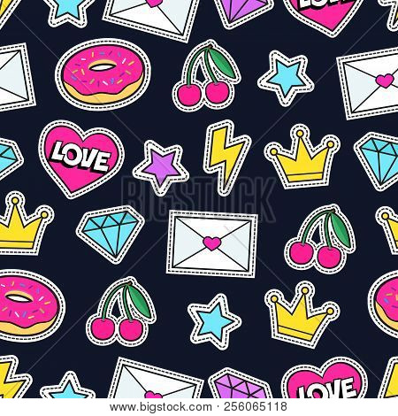 Cute Modern Girly Seamless Colorful Pattern Of Fashion Patches: Crown, Diamond, Love Letter, Heart, 