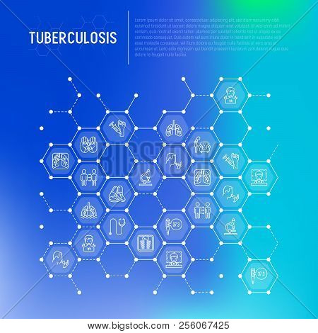 Tuberculosis Concept In Honeycombs With Thin Line Icons: Infection In Lungs, X-ray Image, Dry Cough,
