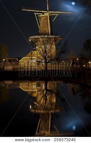 Big Moon Over The Windmill In Leiden, Netherlands