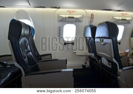View in the passenger cabin of the Nordica liner during the flight Tallinn-Oslo. June 13,2018. Tallinn,Estonia