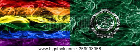 Gay Vs Arab League Smoke Flags Placed Side By Side. Thick Colored Silky Smoke Flags Of Gay And Arab 