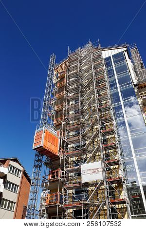 Lulea, Sweden - June 20, 2018: Low Angel View Of A Construction Of High Rising Building At The Kungs