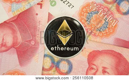 Real Ethereum Coin On Chinese Yuan Bills - Crypto Currency In China Concept