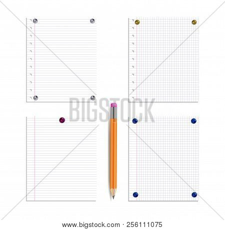 Vector Blank Exercise Book Pages Pinned Set With Pencil Isolated On White Backrgound.