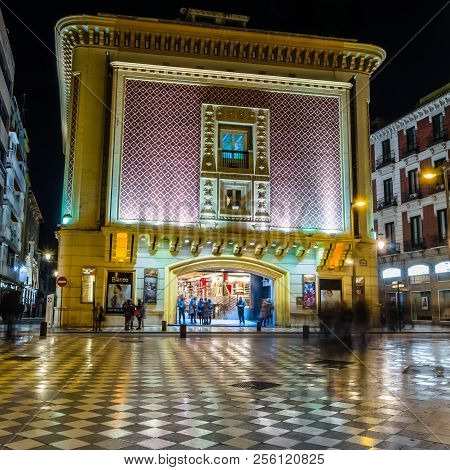 Granada, Spain - February 21, 2015: Night View Of The Main Facade Of Aliatar Cinema (cine Aliatar),
