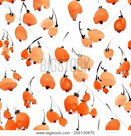 Watercolor And Ink Illustration Of Berries, Decorative Artistic Painting, Sumi-e And U-sin Gohua Ori
