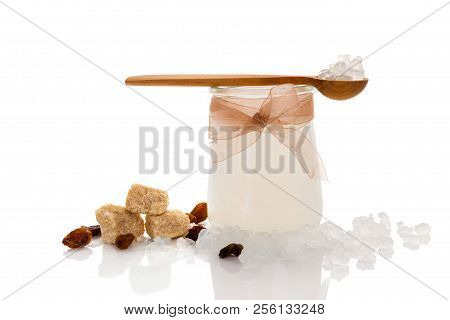 Tibi Crystal, Tibicos, Sugar Kefir Grains In Glass With Sugar And Dry Fruit Isolated On White Backgr
