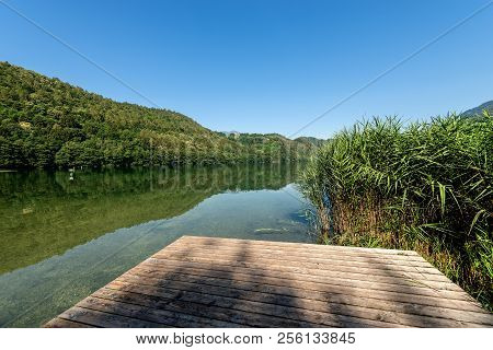 Lago Di Levico (lake) With Mountain And Forest, Levico Terme, Italy, Europe