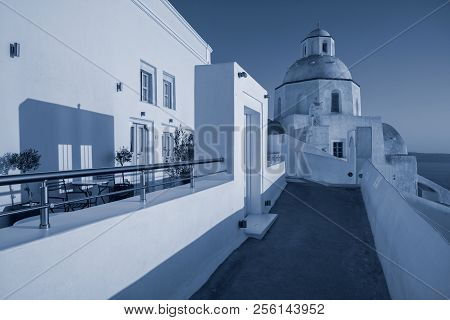 Thira, Santorini. Toned Image Of The Famous Village Thira Located At One Of The Cyclades Island Of S