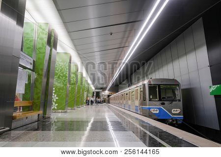 Moscow, Russia - August, 31, 2018: subway train on the station  Ramenky in Moscow, Russia