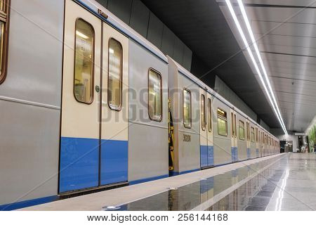 Moscow, Russia - August, 31, 2018: subway train on the station  Ramenky in Moscow, Russia