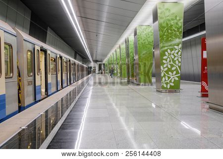 Moscow, Russia - August, 31, 2018: subway train on the station  Ramenky in Moscow, Russia