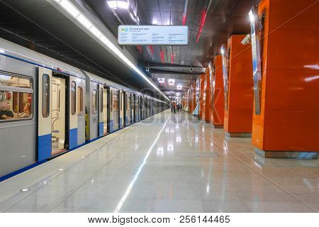 Moscow, Russia - August, 31, 2018: subway train on the station  Borovskoye shosse in Moscow, Russia