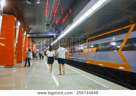 Moscow, Russia - August, 31, 2018: interior of subway station  Borovskoye shosse in Moscow, Russia