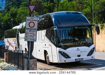 Garda, Italy - July, 28, 2018: bus on a parking in Garda, Italy