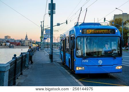 Moscow, Russia - August, 28, 2018: trolleybus on Berezhkovskaya embankment in Moscow, Russia