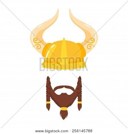 Vector Cartoon Style Viking In Horned Helmet With Beard Face Element Or Carnival Mask. Decoration It